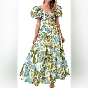 NWOT Blue and Green Cut-out Puff Sleeve Maxi Dress Size Small